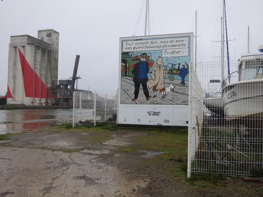 An image from "The Seven Crystal Balls," in which Tintin visits the Saint-Nazaire's shipyards in the period before the war when it was a thriving transatlantic harbor.